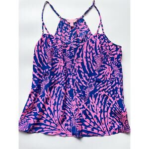 Women's Lilly Pulitzer Blue and Pink Silk Flowy Vacation Tank Top Size Medium